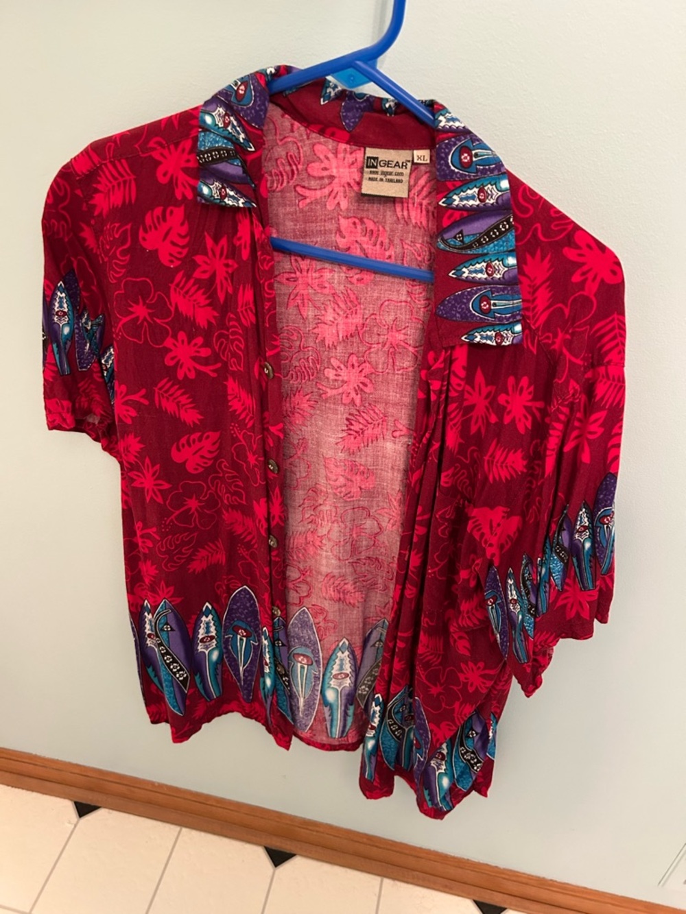 Ingear Red Hawaiian Button Cardigan with Blue Surfboard Accents
